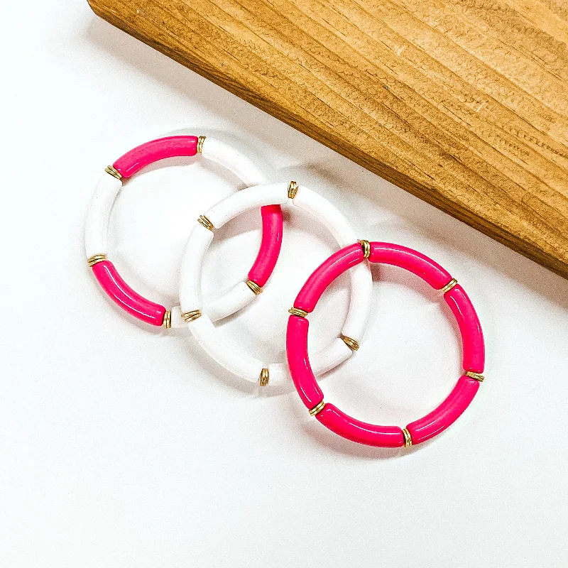 unique statement ladies bracelets & bangles-Set of Three Thin Tube Bracelets in Hot Pink and White with Gold Spacers