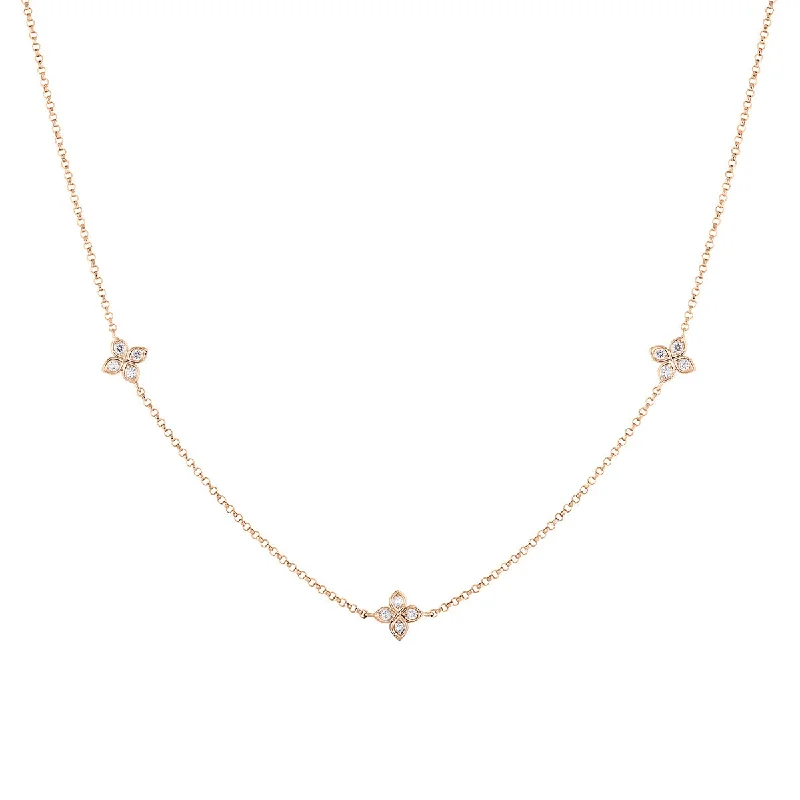 modern chain link ladies necklace-18K Rose Gold Love by the Inch 3 Station Flower Necklace