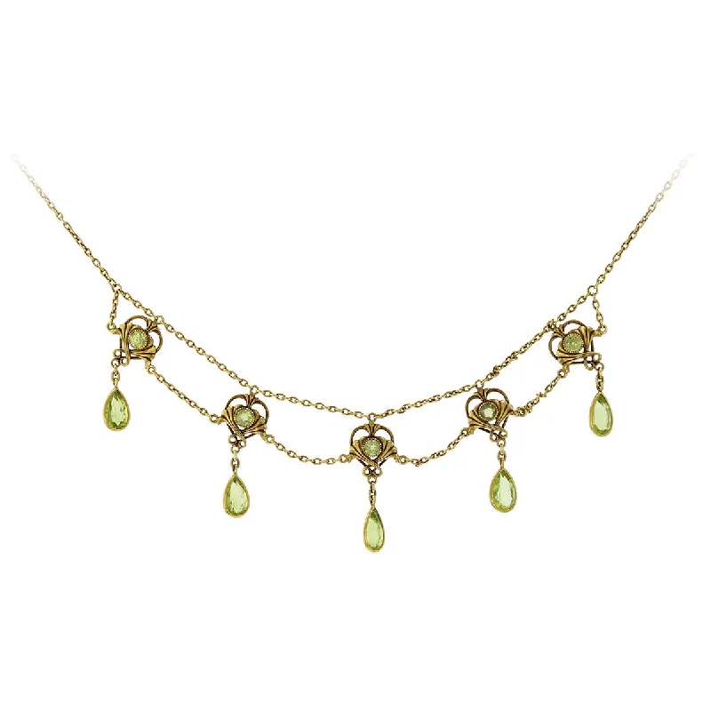 gothic-style ladies necklace-Victorian Yellow Gold Peridot Drop Station Necklace