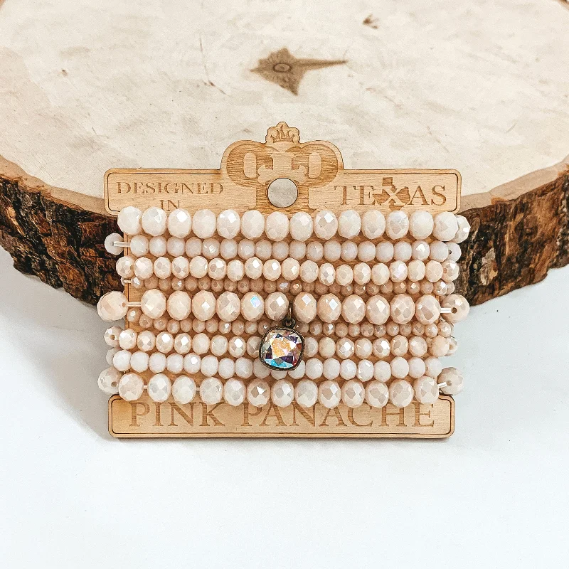 timeless elegance ladies bracelets & bangles-Pink Panache | Crystal Bracelet Set with AB Cushion Cut Crystal Pendant in Pale Pink