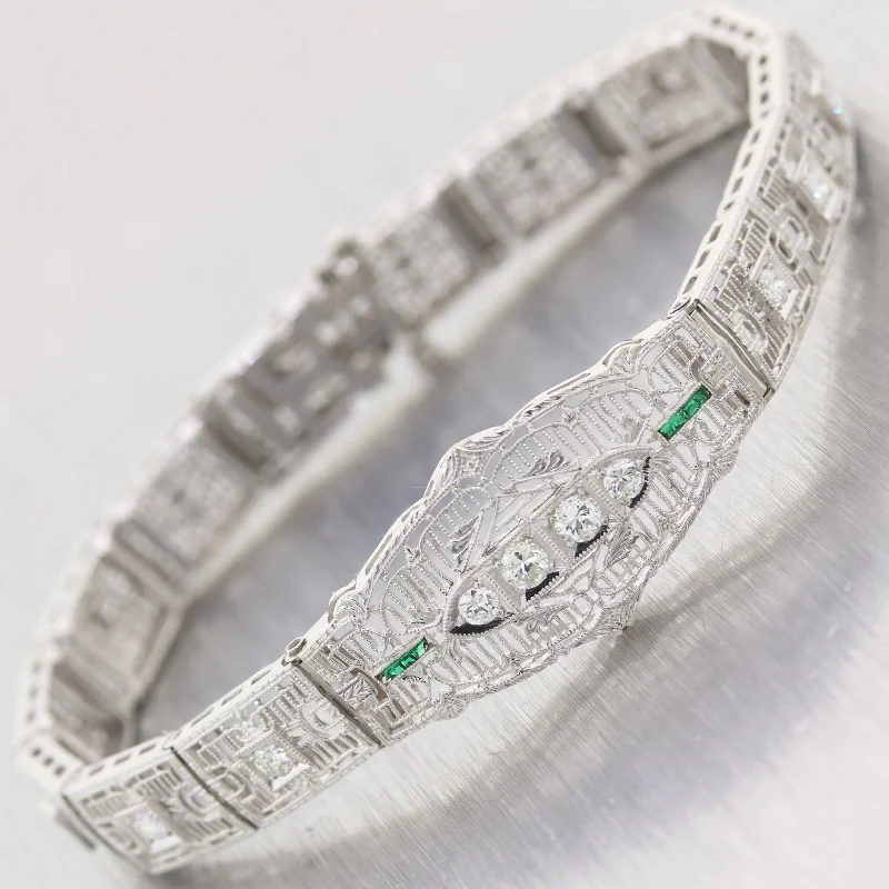 zodiac sign ladies bracelets & bangles-1930's Antique Art Deco 14k White Gold 1ctw Diamond & Emerald Filigree Bracelet