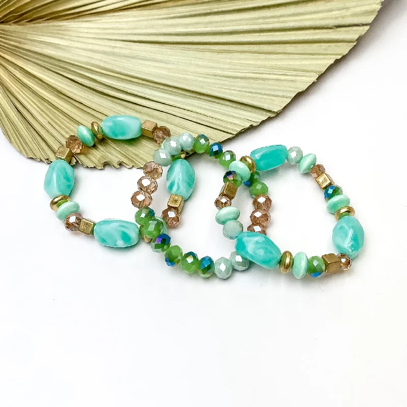 delicate pearl ladies bracelets & bangles-Set of Three | Coastal Charm Crystal and Marble Beaded Bracelet Set in Mint Green