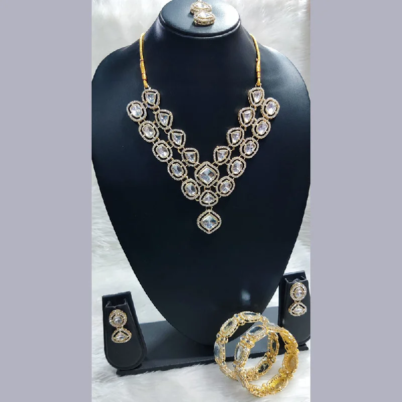 high-end gemstone ladies necklace-Pooja Bangles Gold Plated Combo Necklace Set