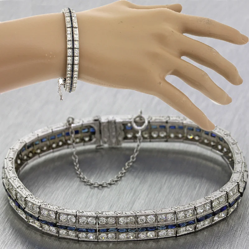 fine jewelry ladies bracelets & bangles-1930s Antique Art Deco Solid Platinum 5.76ctw Diamond Sapphire Tennis Bracelet