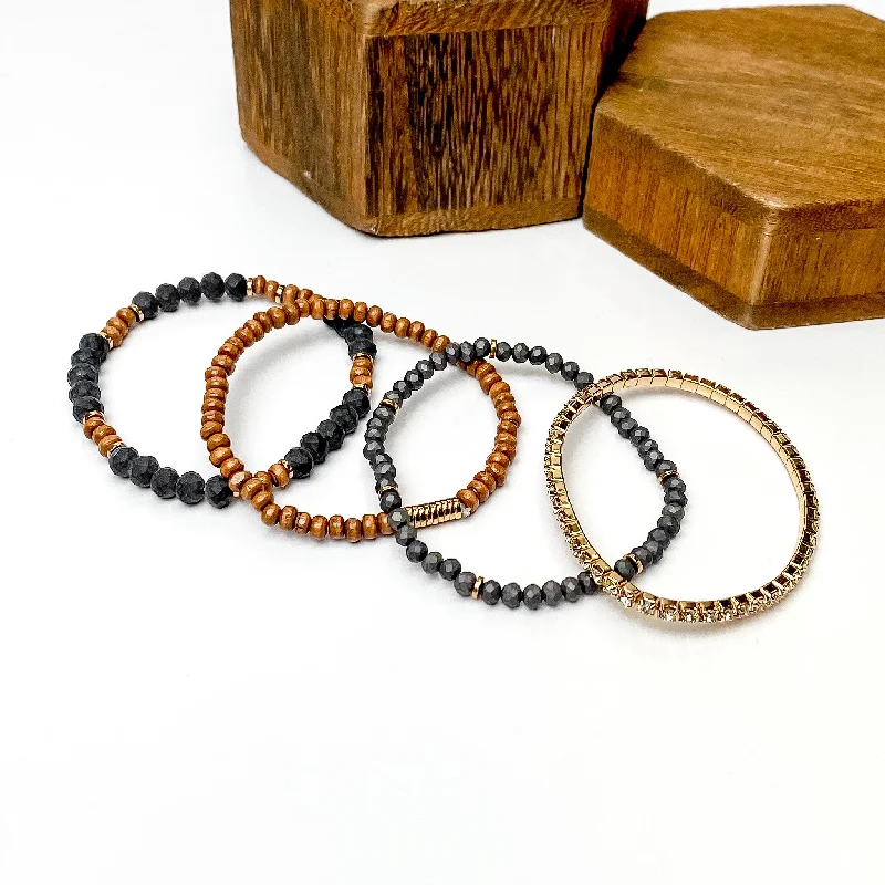 modern bar ladies bracelets & bangles-Set of Four | Happy Hideaway Faux Wood Beaded Bracelet Set with Clear Crystals in Black