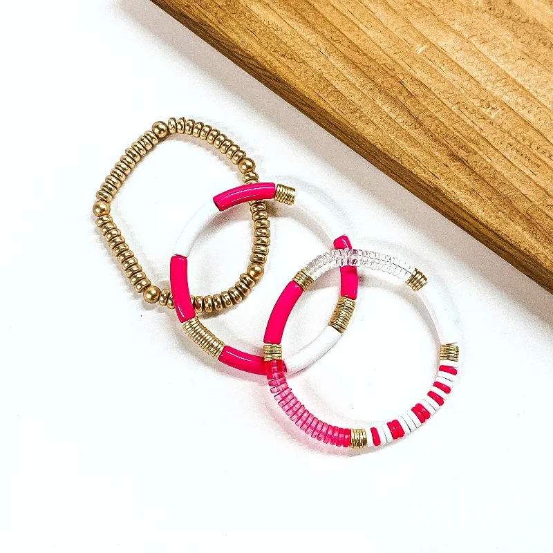 handmade beaded ladies bracelets & bangles-Set of Three Tube and Beaded Bracelets in Hot Pink, White, and Gold Tone Mix