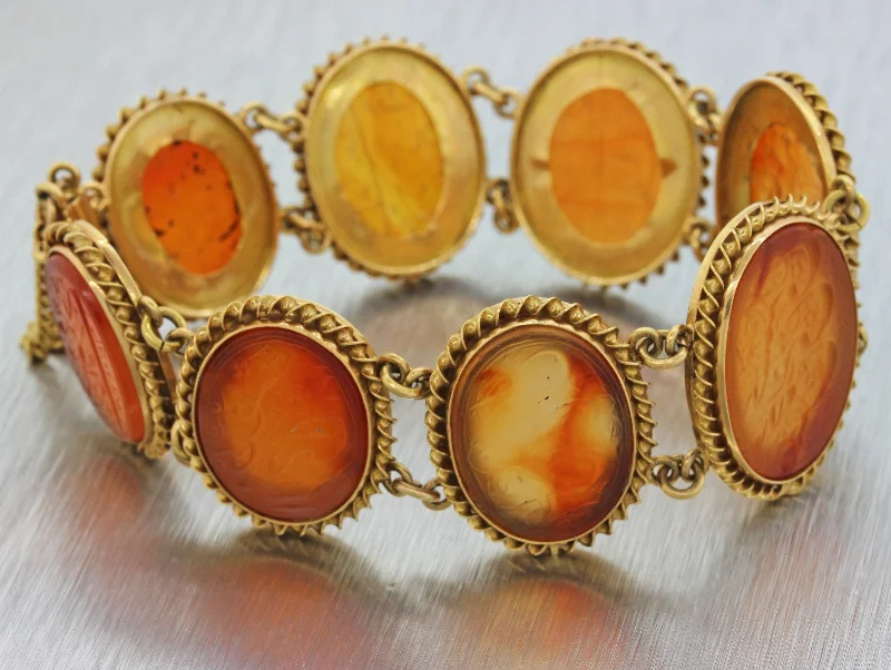 floral design ladies bracelets & bangles-1890s Persian Antique Victorian 22k Yellow Gold Carved Orange Agate Bracelet