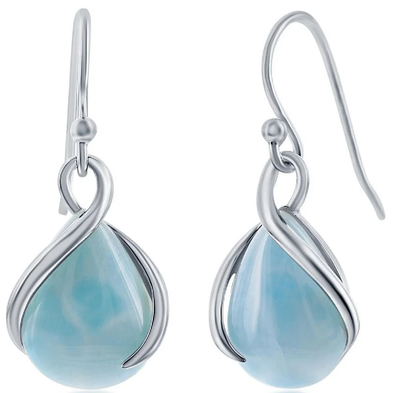 push-lock ladies earrings-Caribbean Treasures Women's Earrings - Pearshaped Blue Larimar Stone Twist | D-7459