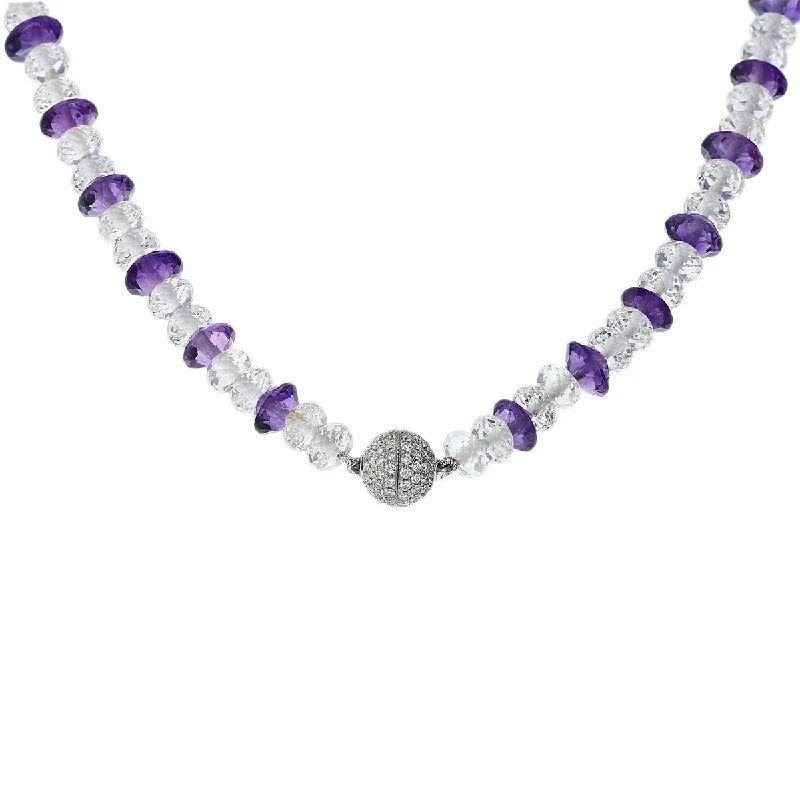 engraved heart ladies necklace-White Topaz, Amethyst and Diamond Necklace