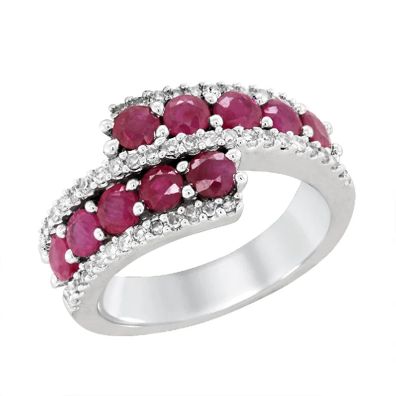 celestial-themed ladies ring-WHITE GOLD BYPASS STYLE FASHION RING WITH RUBIES AND DIAMONDS, 1/2 CT TW