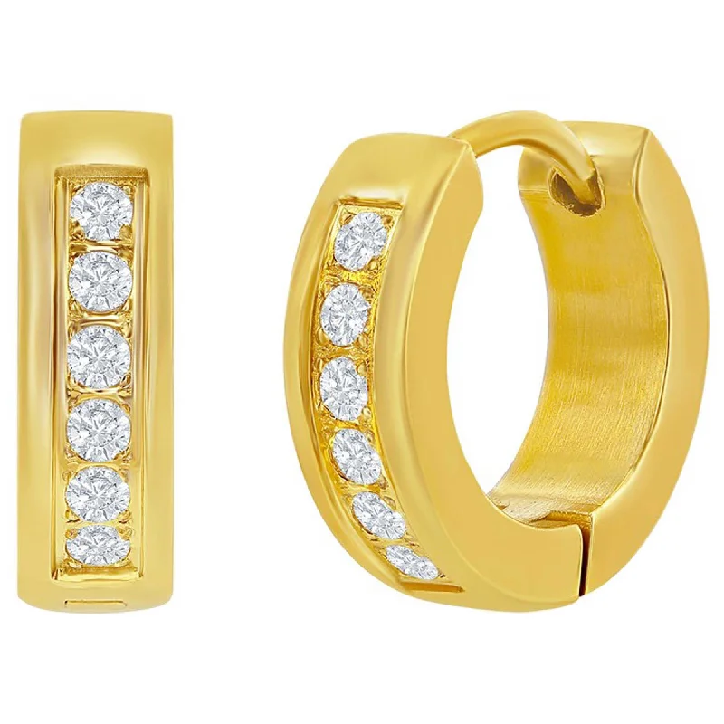 vintage-inspired ladies earrings-Blackjack Men's Earrings - Gold Plated Steel 13mm Huggie Hoop Single Row CZ | SA-6078