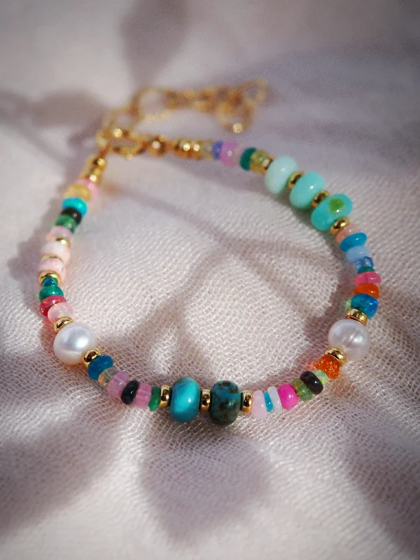 opal ladies bracelets & bangles-Mixed Rainbow Gemstone and Pearl Bracelet - Kainui