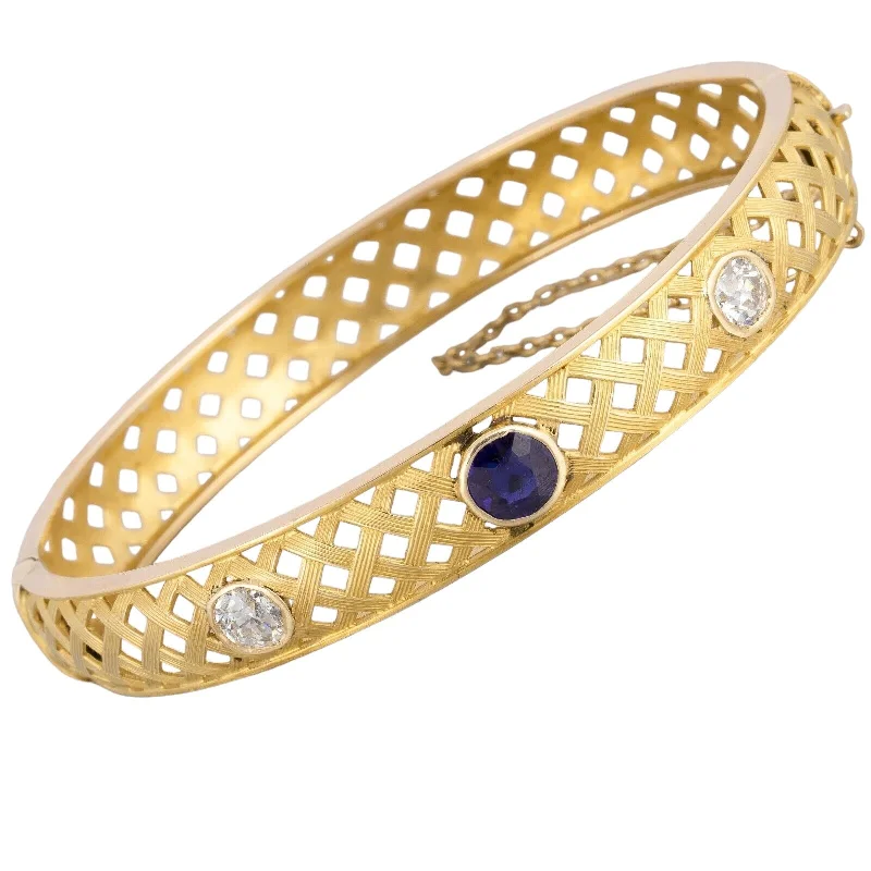 timeless elegance ladies bracelets & bangles-Victorian 14k Yellow Gold Fancy Weave Diamond & Tanzanite Hinged Bangle Bracelet