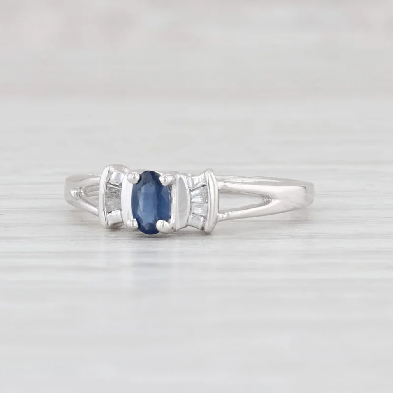 statement ladies engagement rings-0.29ctw Blue Sapphire White Diamond Ring 14k White Gold Size 6 Oval Engagement