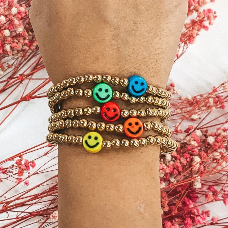 pearl ladies bracelets & bangles-All Smiles Gold Beaded Bracelet Set with Happy Faces in Multicolored