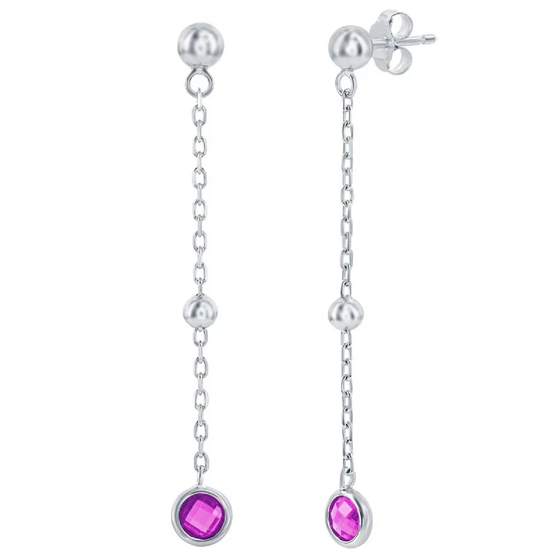 minimalist circle ladies earrings-Classic Women's Earrings - Sterling Silver Ruby Bezel-Set CZ and Bead Chain | D-8377