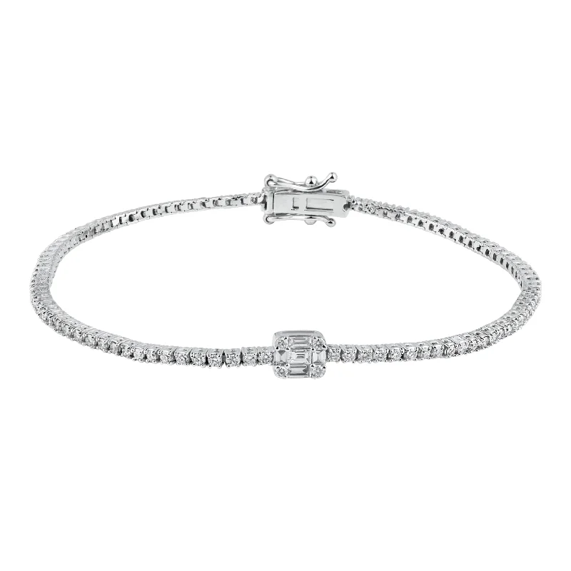 classic solitaire ladies bracelets & bangles-Illusion Emerald Shape Diamond Tennis Bracelet