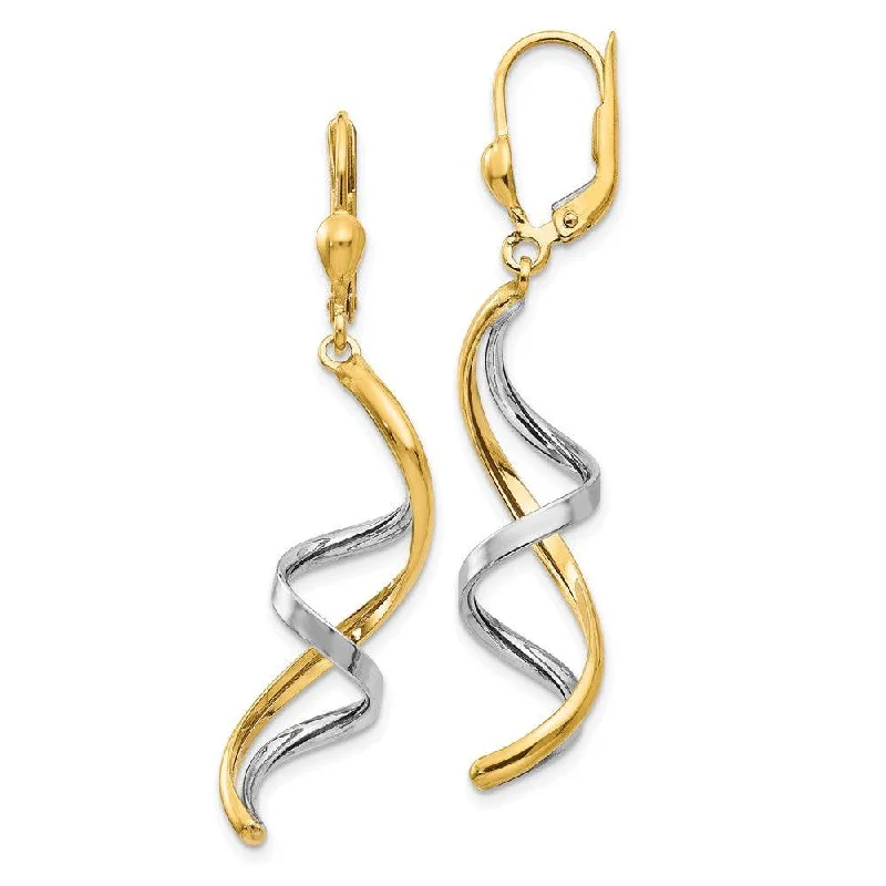 yellow gold delicate ladies earrings-14K Two-tone Spiral Leverback Earrings