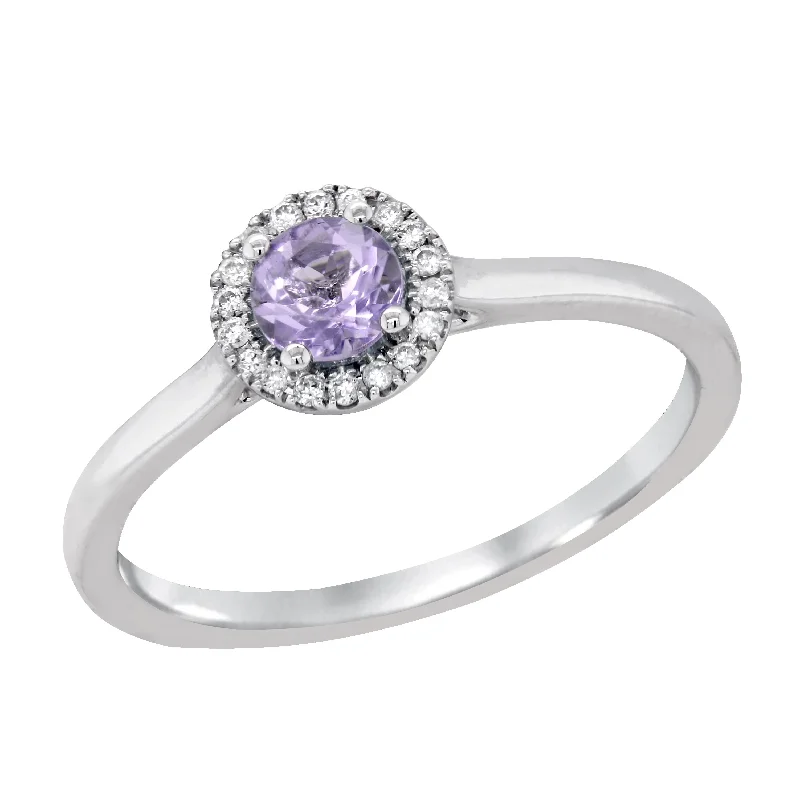 white sapphire ladies ring-WHITE GOLD SYNTHETIC ALEXANDRITE RING WITH DIAMOND HALO, .05 CT TW