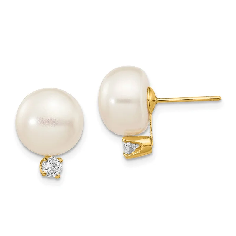 hoop ladies earrings-14k 10-11mm White Button FW Cultured Pearl .2ct Diamond Post Earrings