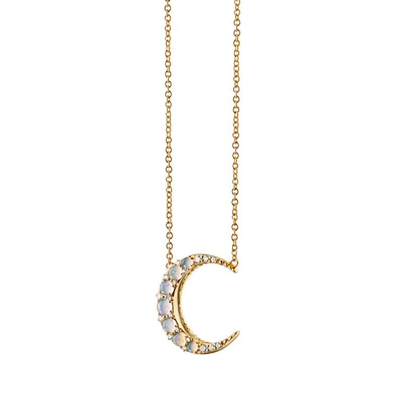 romantic love ladies necklace-Water Opal Midi Crescent Moon Necklace with Diamonds