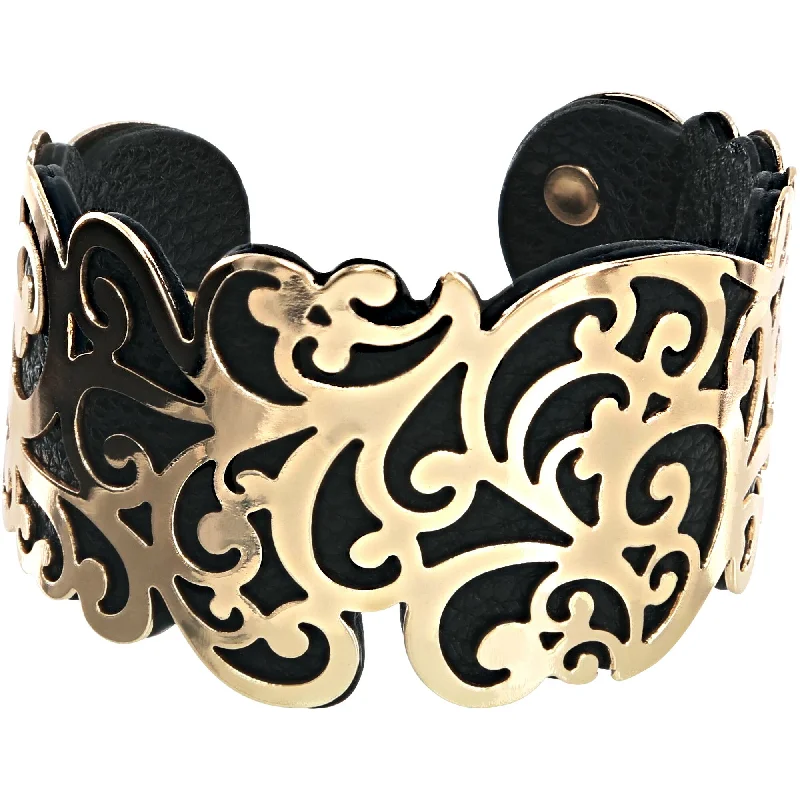 elegant wedding ladies bracelets & bangles-Gold & Black 1.5" Flourish Cuff Bracelet