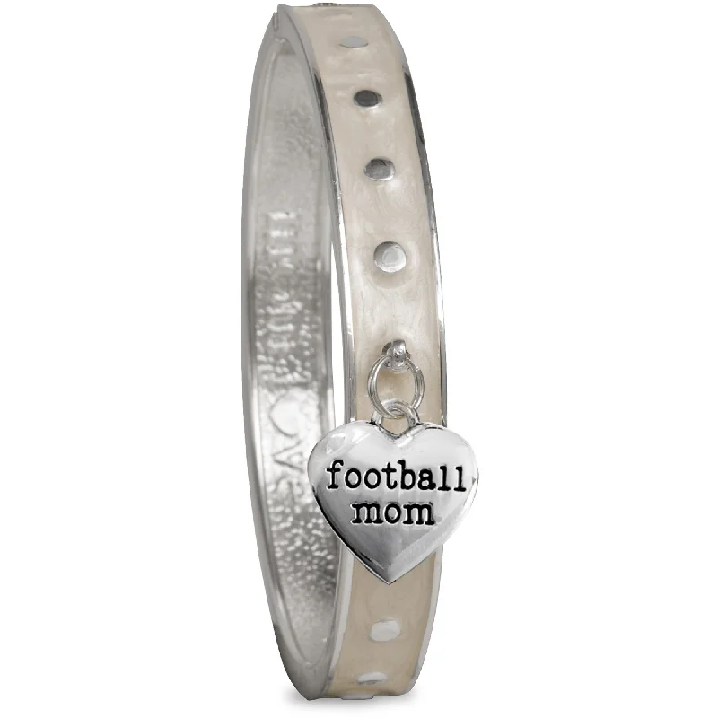 double-layer ladies bracelets & bangles-Football Mom White Enamel Bangle Bracelet with Heart Charm