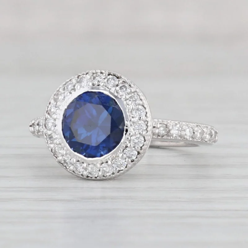 custom name ladies engagement rings-2.10ctw Lab created Blue Sapphire Diamond Halo Ring 14k Gold Size 5 Engagement