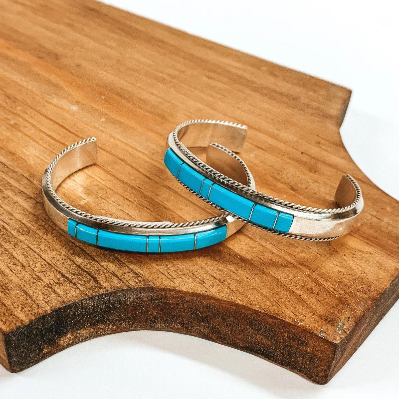 blue topaz ladies bracelets & bangles-France Yazzie | Navajo Handmade Sterling Silver Cuff Bracelet with Turquoise Stones and Rope Detailing