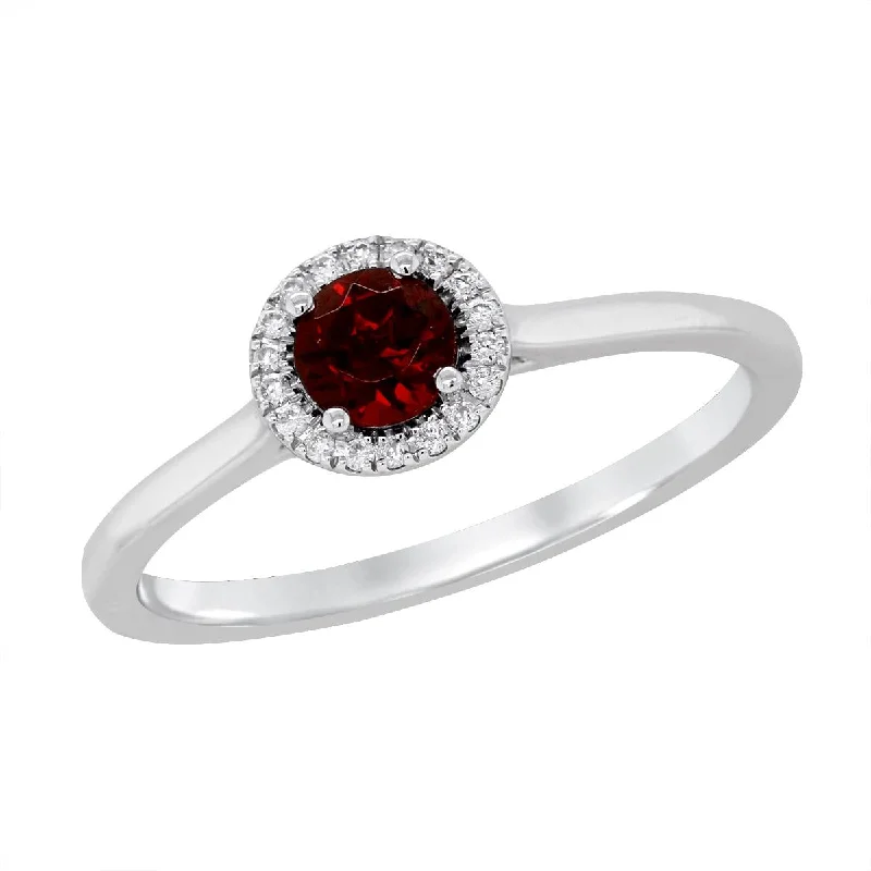 three-stone ladies ring-WHITE GOLD GARNET RING WITH DIAMOND HALO, .05 CT TW