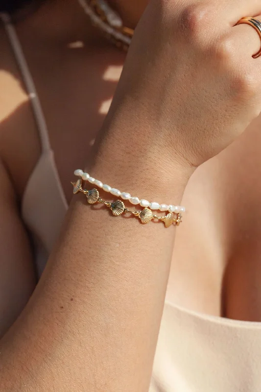 tennis ladies bracelets & bangles-Gold Shell and Pearl Bracelet Set