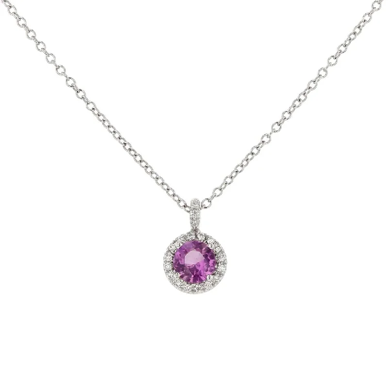 romantic love ladies necklace-Pink Sapphire and Diamond Halo Pendant Necklace