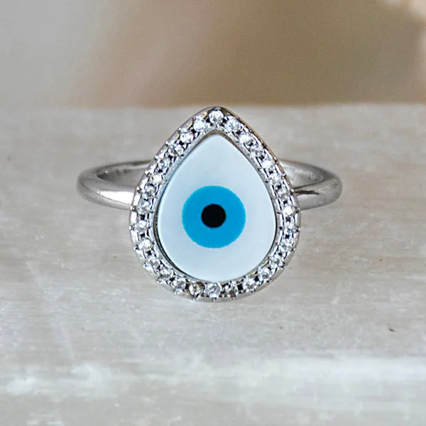 open heart ladies ring-Pear Studded Evil Eye Ring