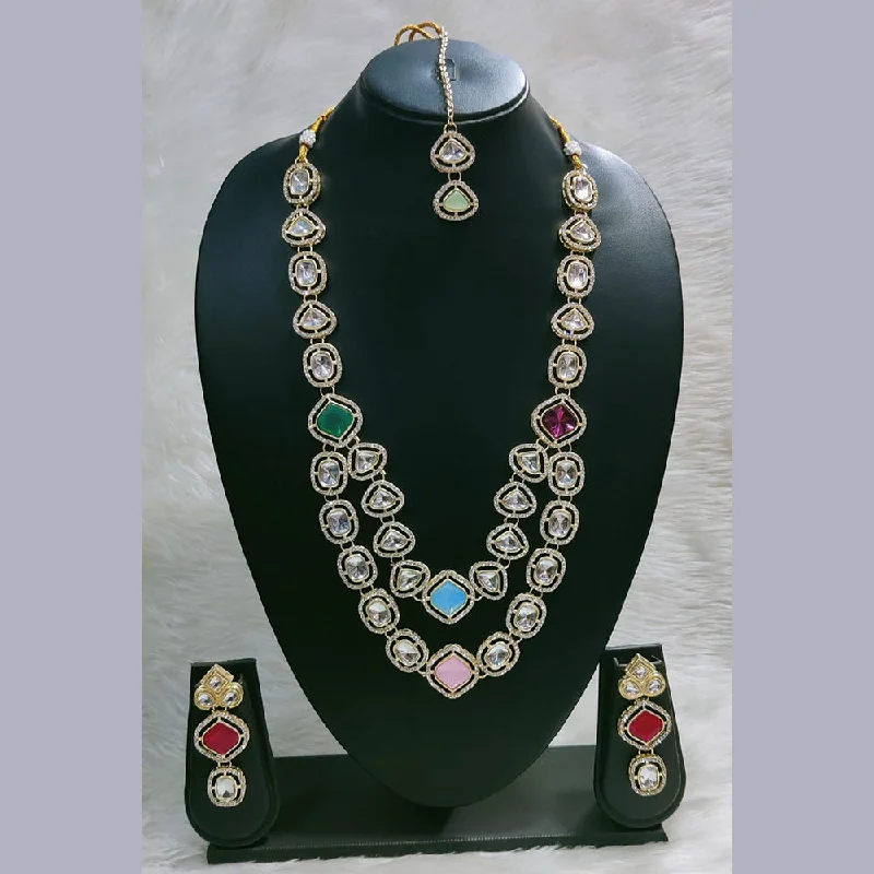 oval-cut ladies necklace-Pooja Bangles Gold Plated Crystal Stone Long Necklace Set