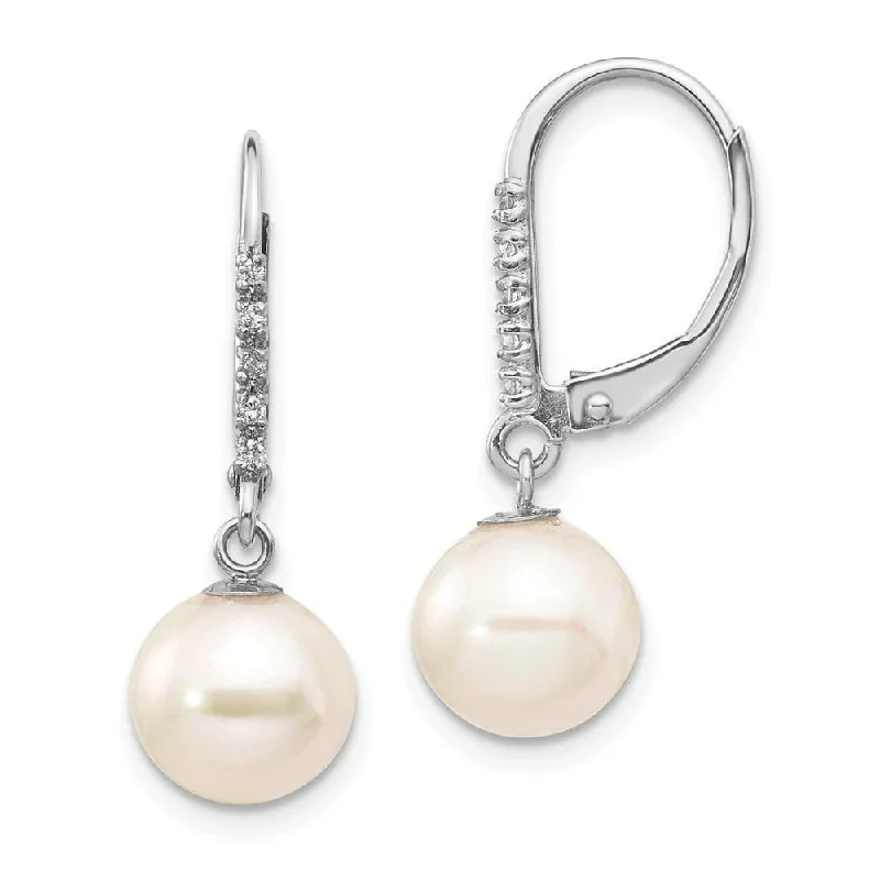 sterling silver charm ladies earrings-14k White Gold 8-9mm Round FWC Pearl .05ct Diamond Leverback Earrings