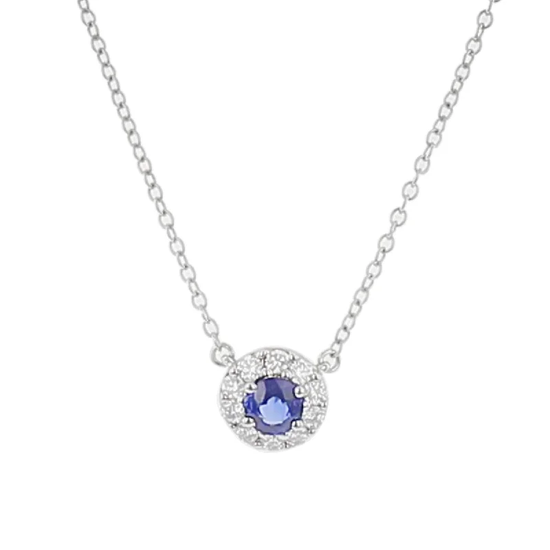 gothic-style ladies necklace-Sapphire and Diamond Halo Pendant Necklace