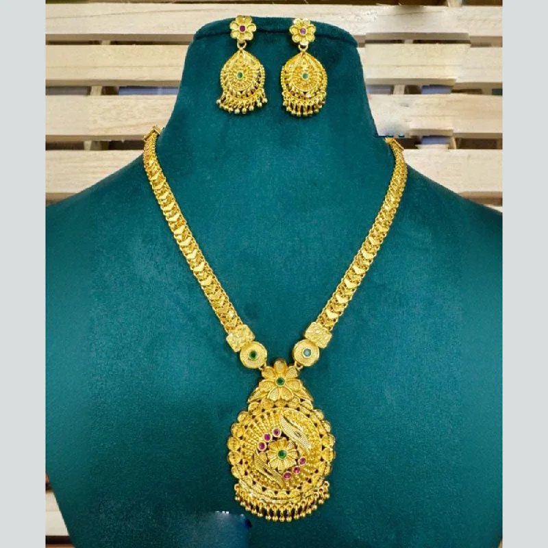 white gold ladies necklace-Siara Collections Forming Gold Pota Stone Long Necklace Set