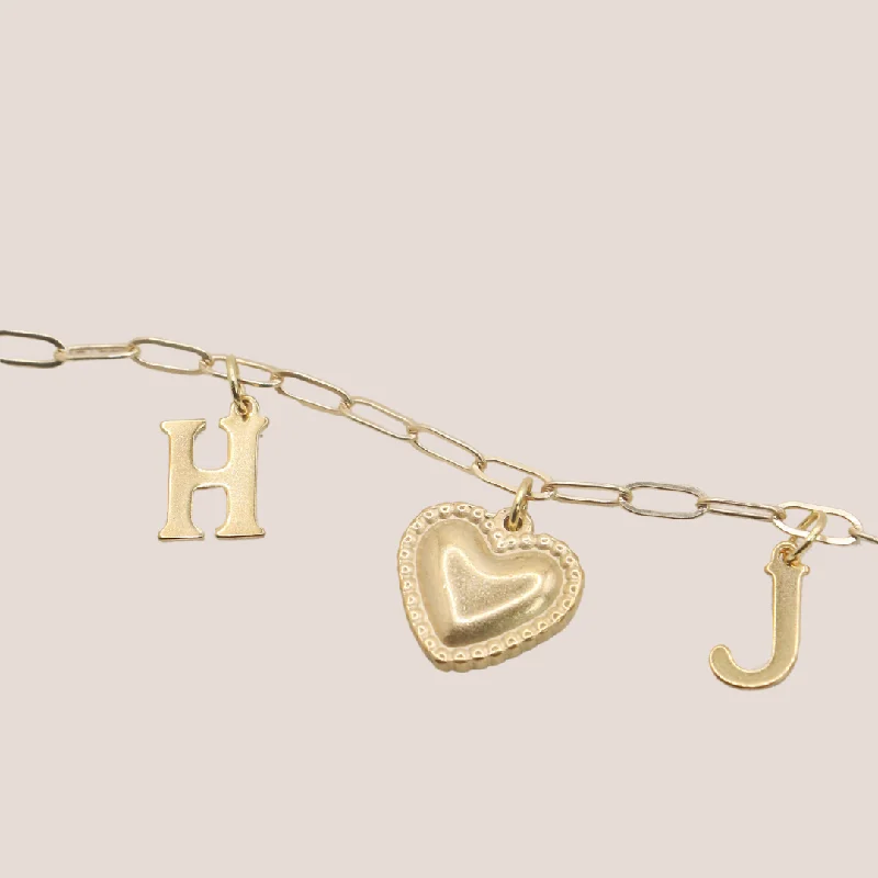 emerald ladies bracelets & bangles-initials + heart charm bracelet { gold }