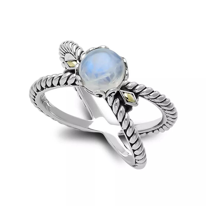 vintage-inspired ladies ring-Glow "X" Ring- Rainbow Moonstone