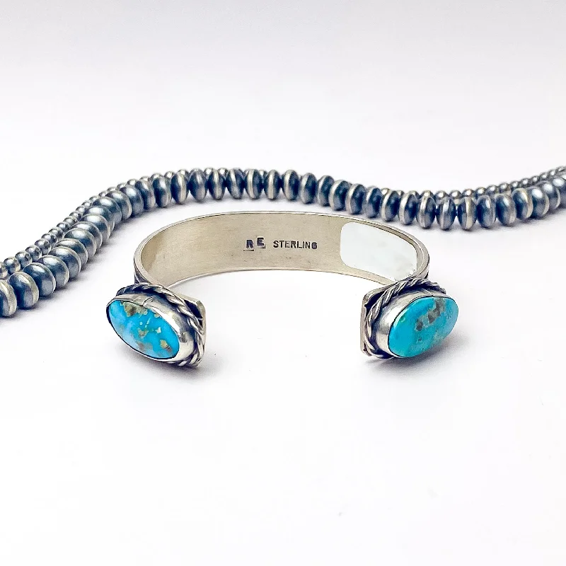 moon and star ladies bracelets & bangles-Rick Enriquez | Navajo Handmade Detailed Sterling Silver Open Cuff Bracelet with Blue Ridge Turquoise Stones