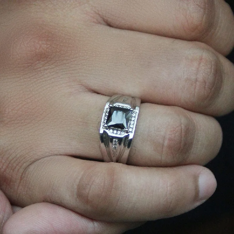 vintage-inspired ladies ring-Square Cut Stone Silver Ring for Men