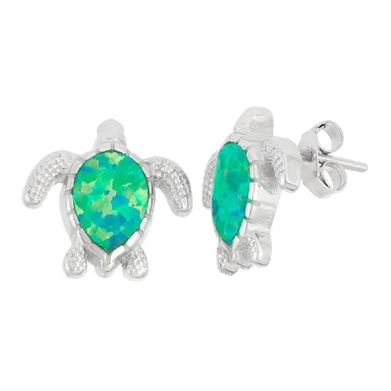 emerald ladies earrings-Sterling Silver Green Inlay Opal Turtle Earrings