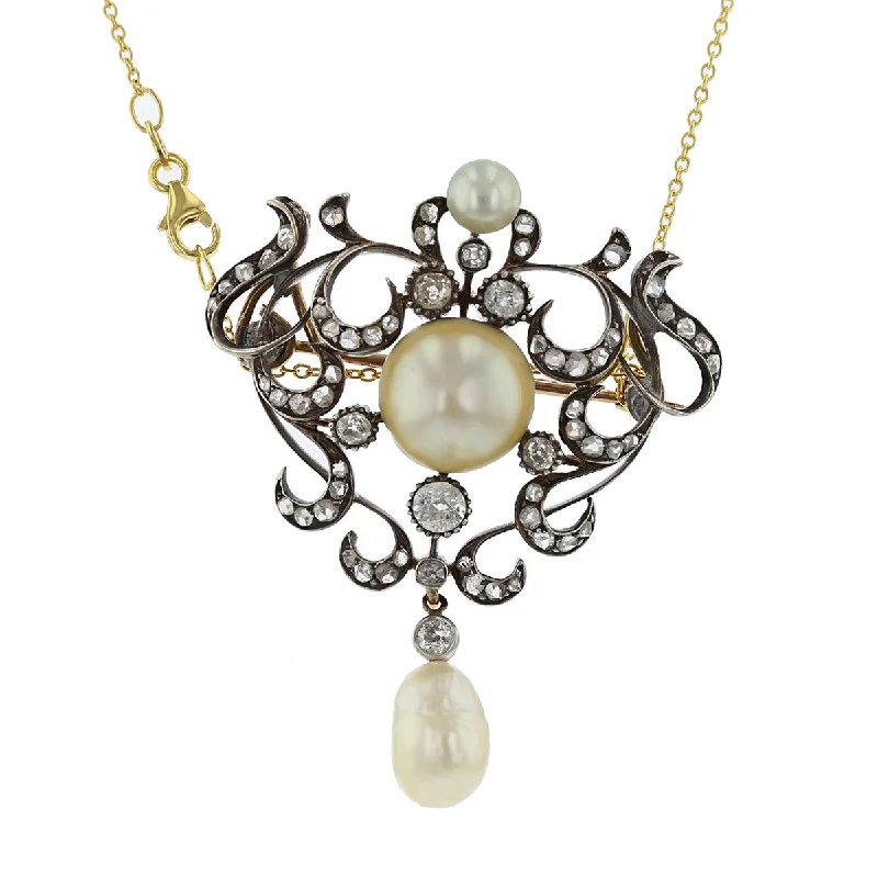 oval-cut ladies necklace-Victorian Pearl and Diamond Brooch Pendant Necklace