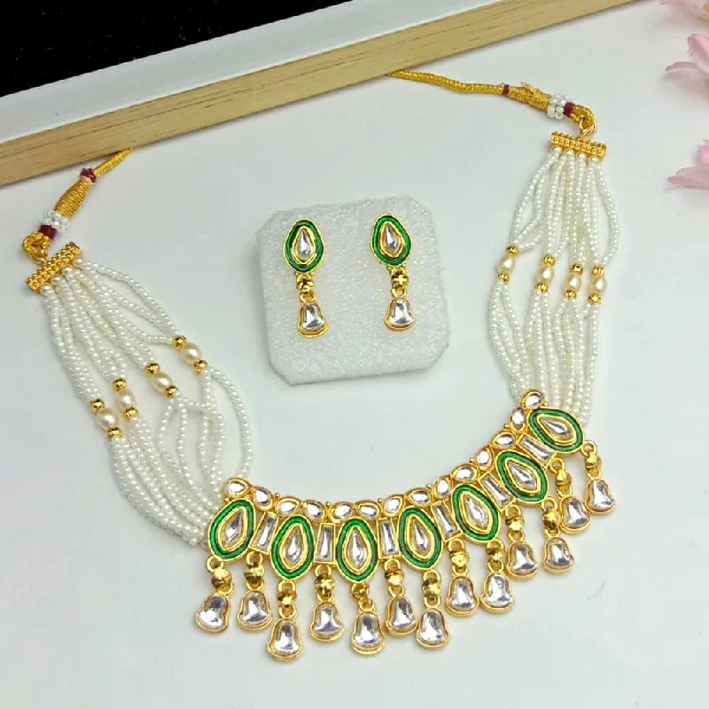 trendy fashion ladies necklace-SP Jewellery Gold Plated Kundan And Pearl Choker Necklace Set