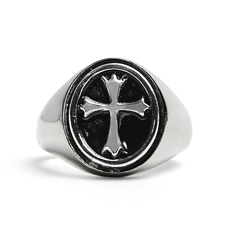 mother-of-pearl ladies ring-Stainless Steel Polished Cross Signet Ring / SCR2215