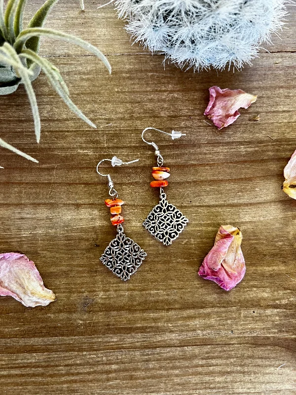 gold ladies earrings-Orange spiny dangle earrings - spring