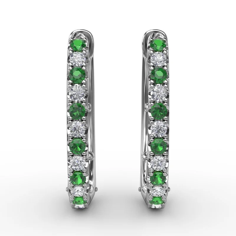 heart-shaped ladies earrings-Alternaing Emerald and Diamond Hoop Earrings ER1763E