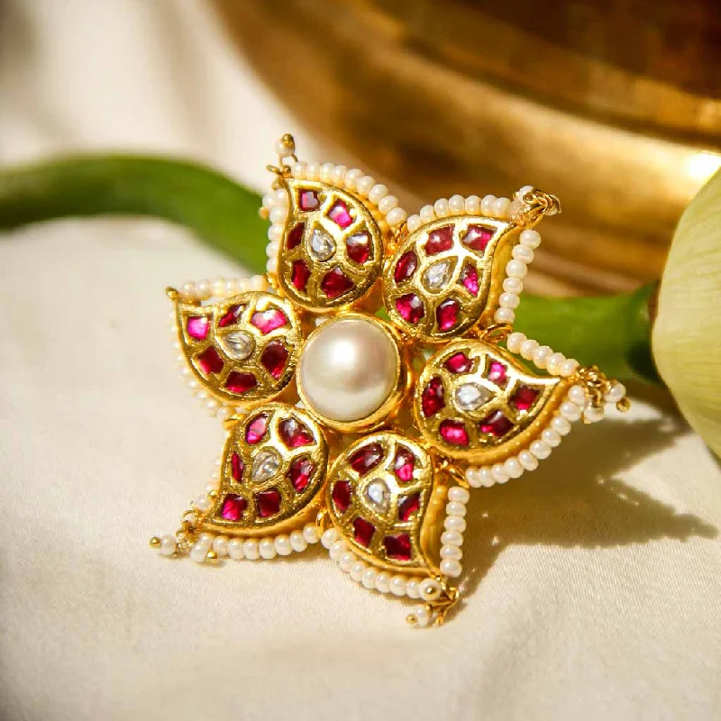 vintage floral ladies ring-Centre Pearl Gold Plated Kundan Ring