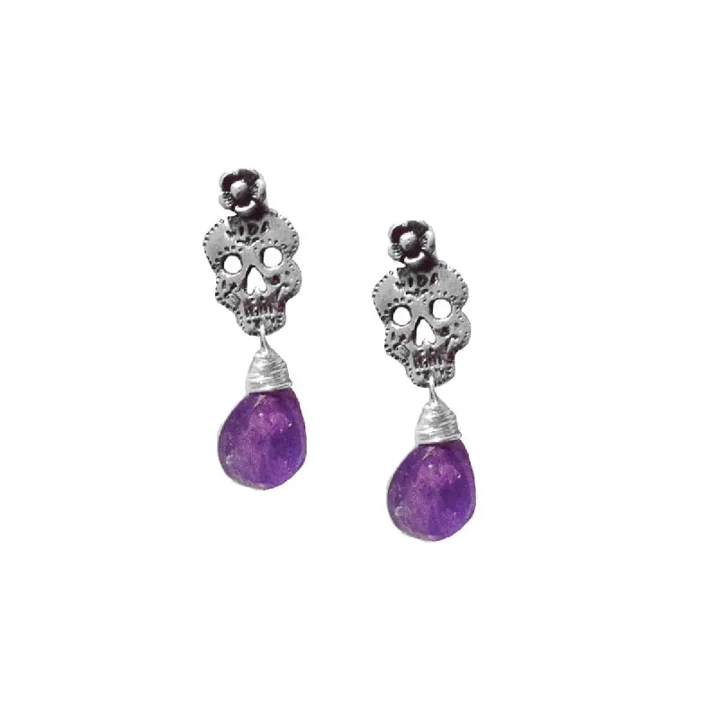 simple charm pendant ladies earrings-Dia de Los Muertos Amethyst Earrings