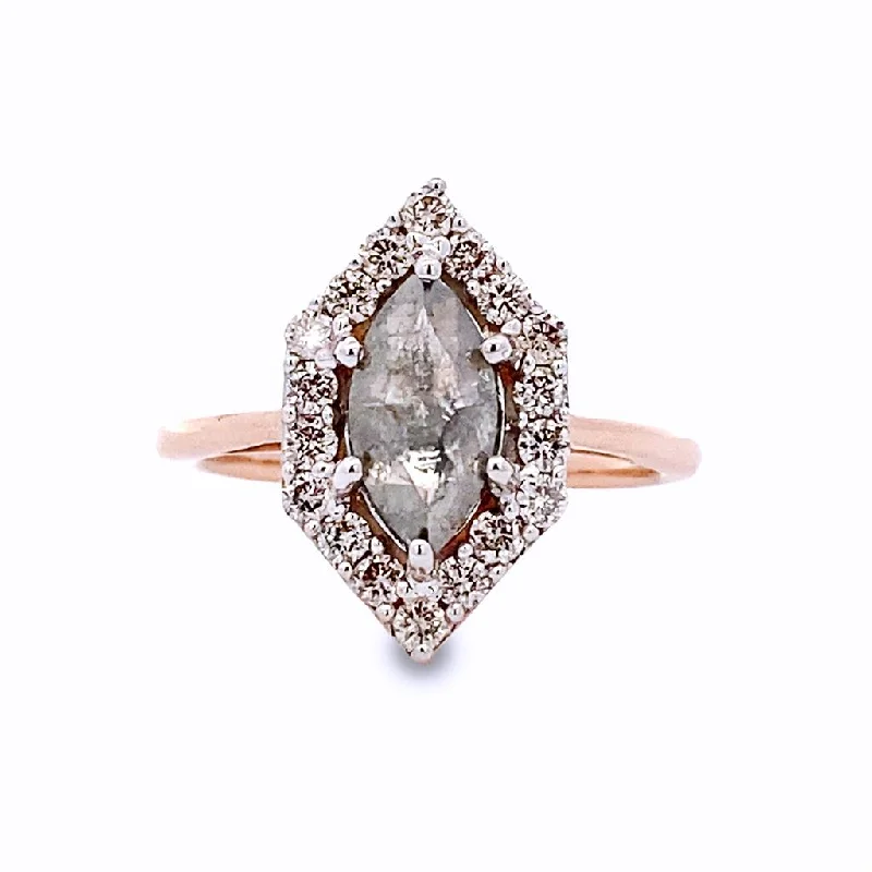 bridal stack ladies engagement rings-14K Rose Gold 'Salt & Pepper' 1.03Ct Marquise Diamond Halo Engagement Ring